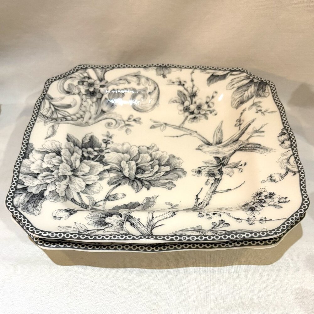 Pair of 222 Fifth Fine China Porcelain Adelaide Grey on White Square Plate 8.5"